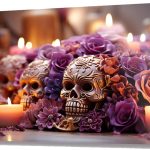 Szklany obraz Santa Muerte Złota czaszka Kwiaty