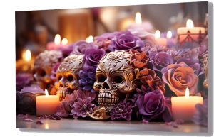 Szklany obraz Santa Muerte Złota czaszka Kwiaty