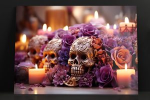 Szklany obraz Santa Muerte Złota czaszka Kwiaty - obrazek 2