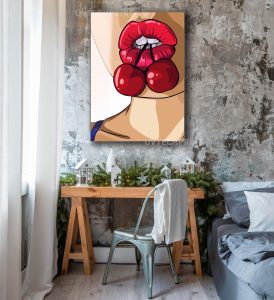 Szklany obraz Kobieta Pop Art Usta Wiśnie Retro - obrazek 5